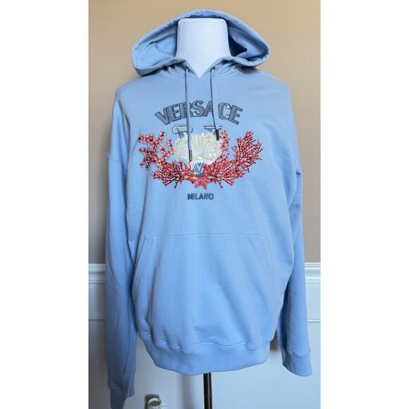 Versace Embroidered Blue Cotton Sweatshirt with Hoodie 4XL 1013979 IT NWT $1875